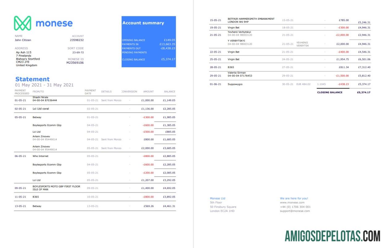 Modelo de extrato bancário Monese para impressão do Reino Unido em formato Excel e PDF, 2 páginas2